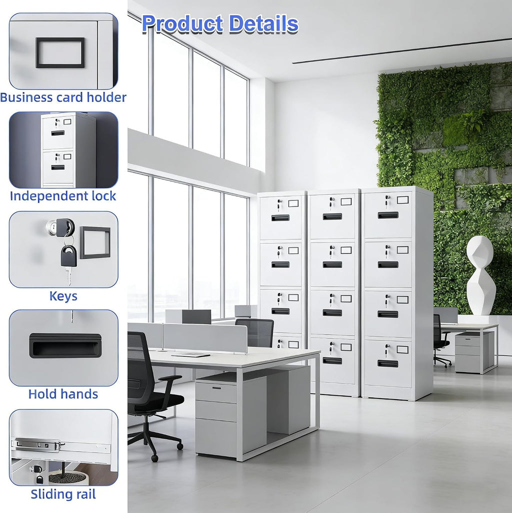 White Lockable Metal 4‑Drawer Vertical File Cabinet