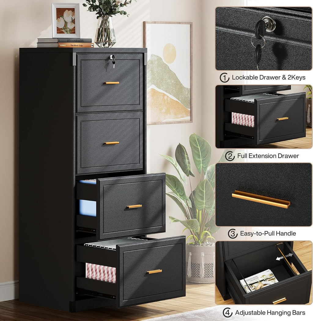 Black Lockable Wooden 4‑Drawer File Cabinet