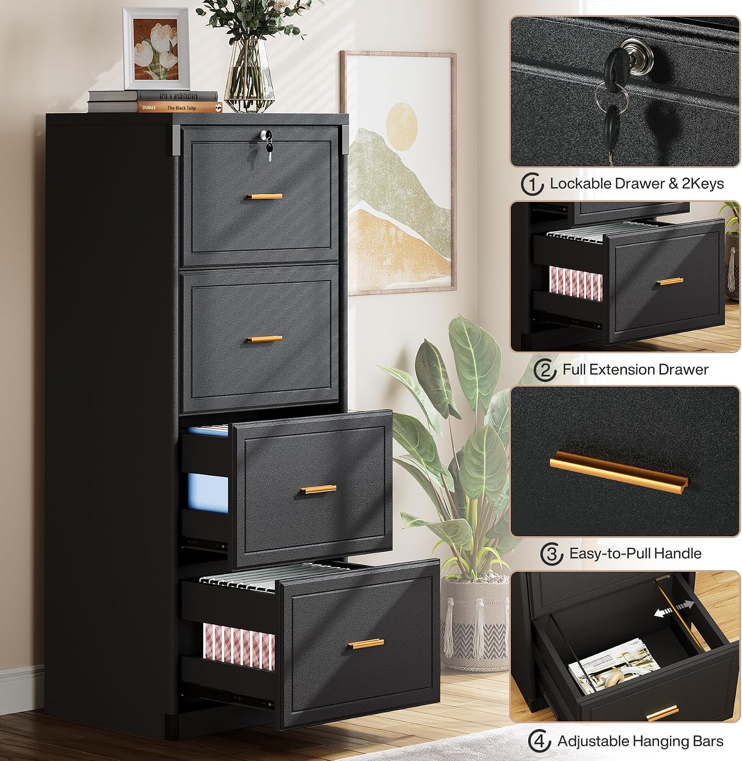Black Lockable Wooden 4‑Drawer File Cabinet