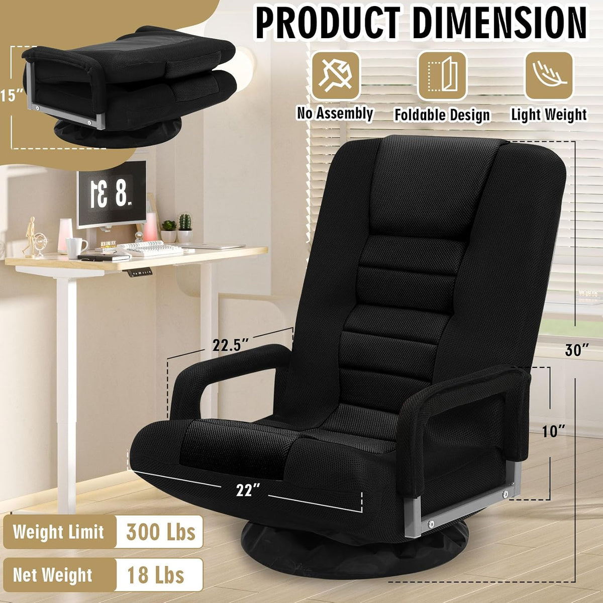 Black Swivel Folding Floor Gaming Chair