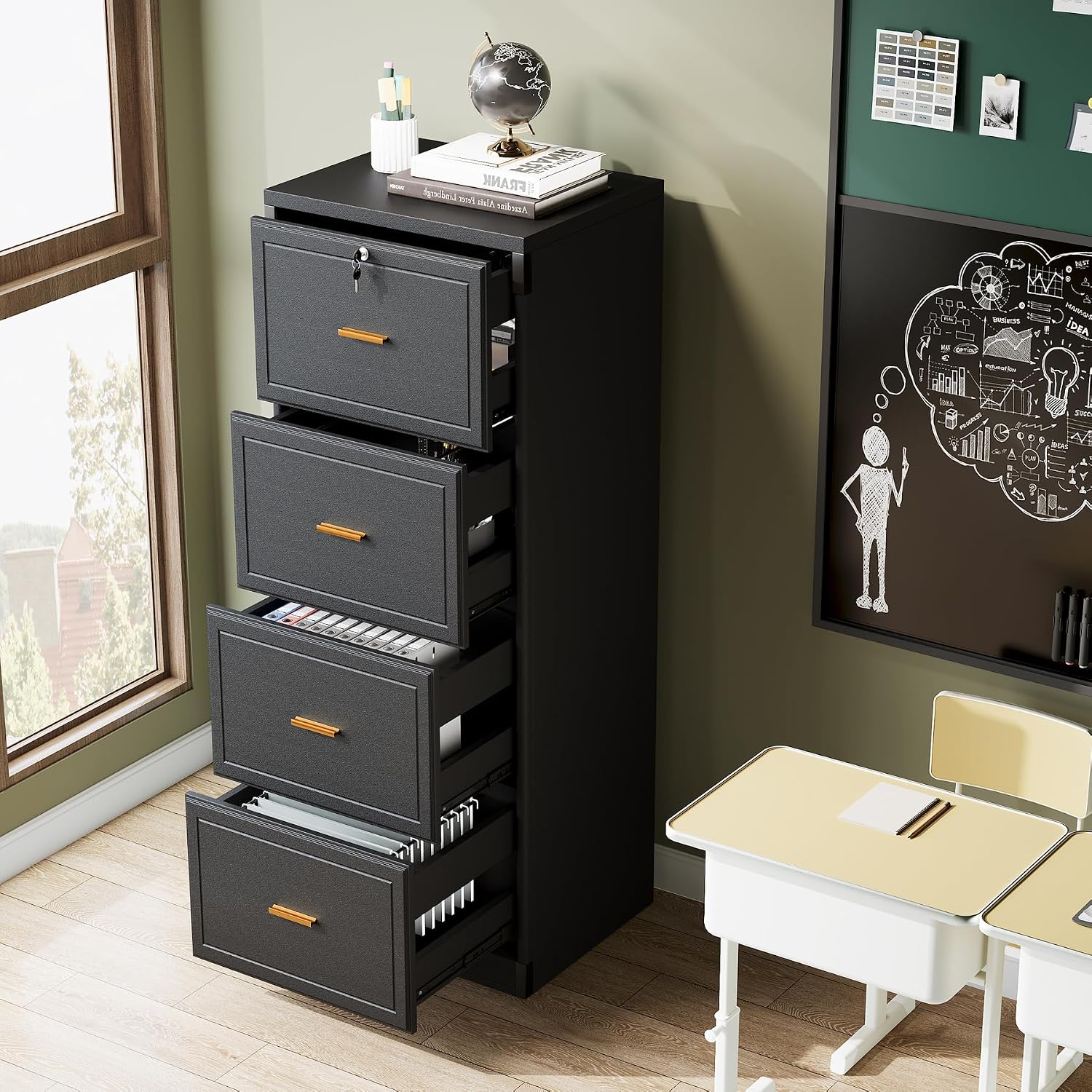Black Lockable Wooden 4‑Drawer File Cabinet