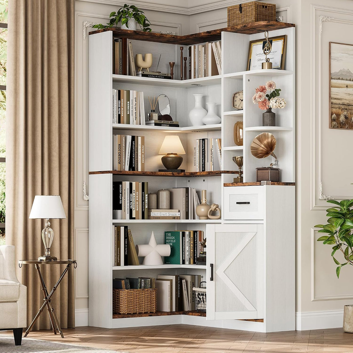 L‑Shaped 6‑Tier Corner Bookshelf with Drawer & Cabinets