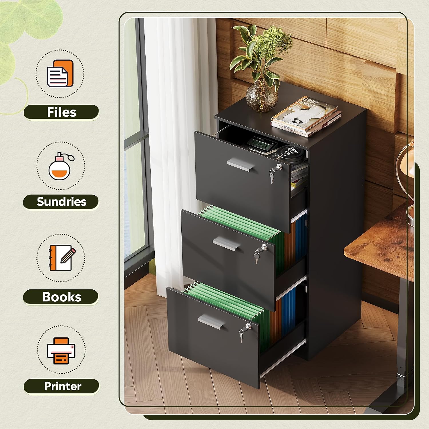 Black Lockable Wood 3‑Drawer File Cabinet