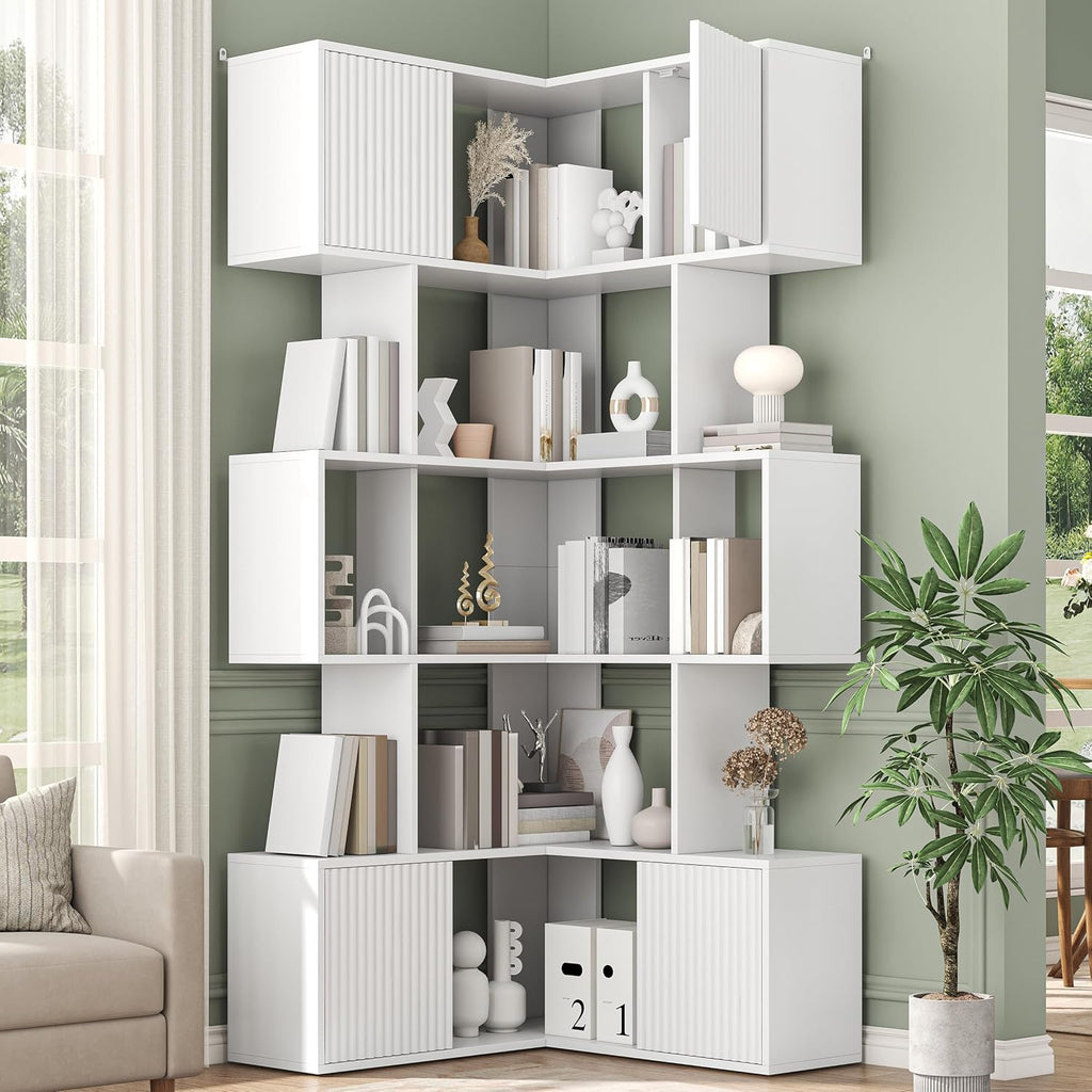 White L‑Shaped 5‑Tier Corner Cube Bookshelf