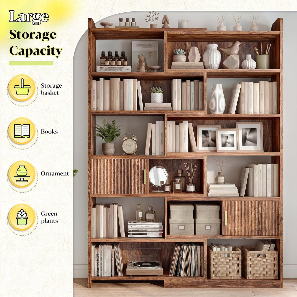 Brown 7‑Tier Corner Bookshelf with 2 Storage Cabinets