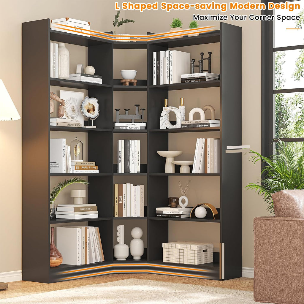 Black Industrial 6‑Tier L‑Shaped Corner Bookshelf with Baffle