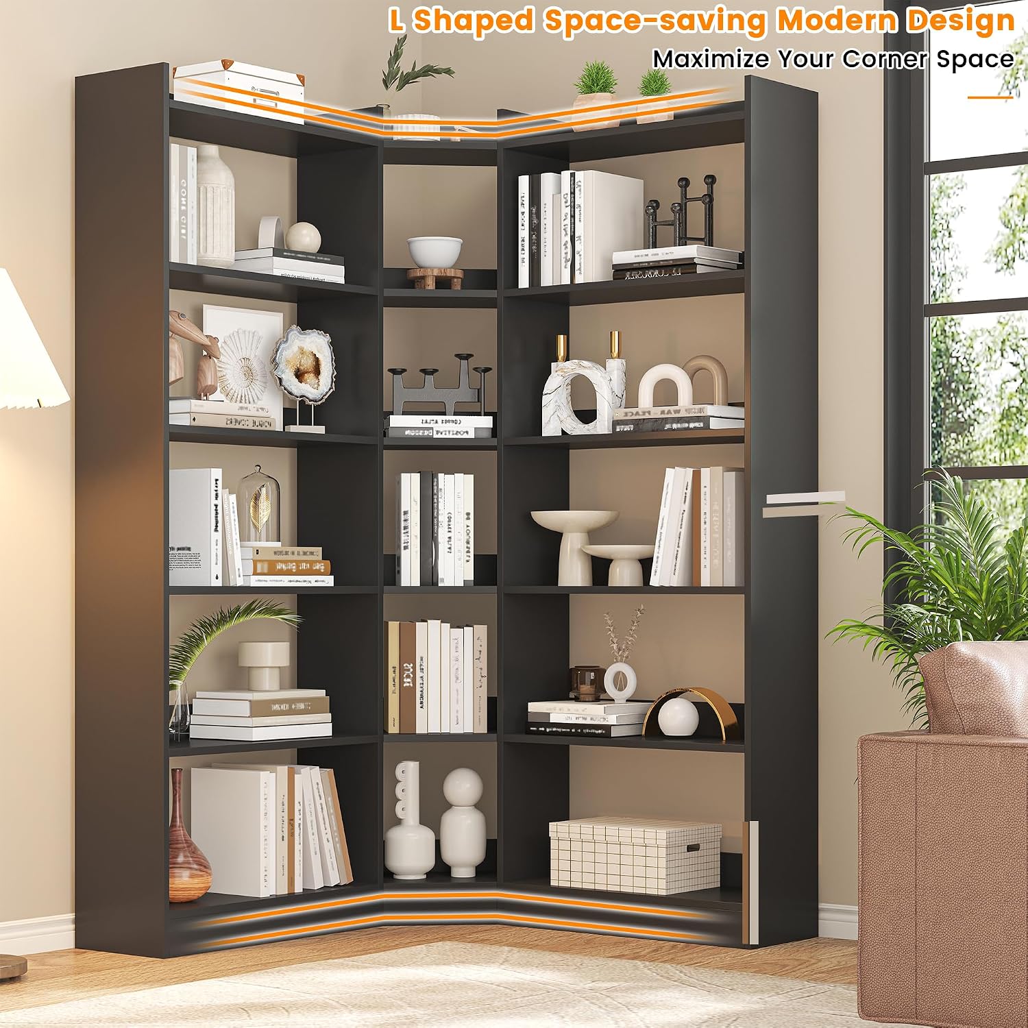 Black Industrial 6‑Tier L‑Shaped Corner Bookshelf with Baffle