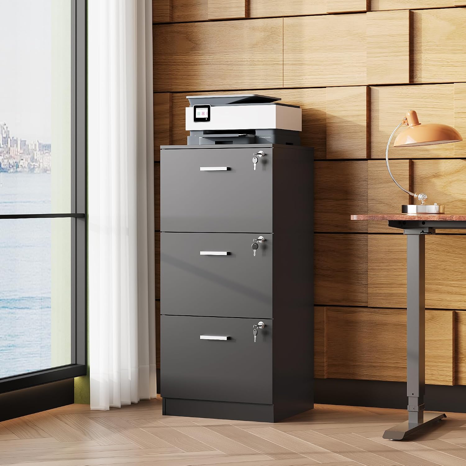 Black Lockable Wood 3‑Drawer File Cabinet