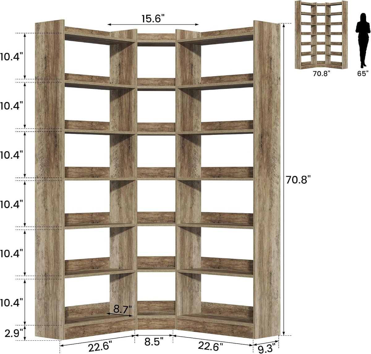 Brown Industrial 7‑Tier L‑Shaped Corner Bookshelf with Baffles