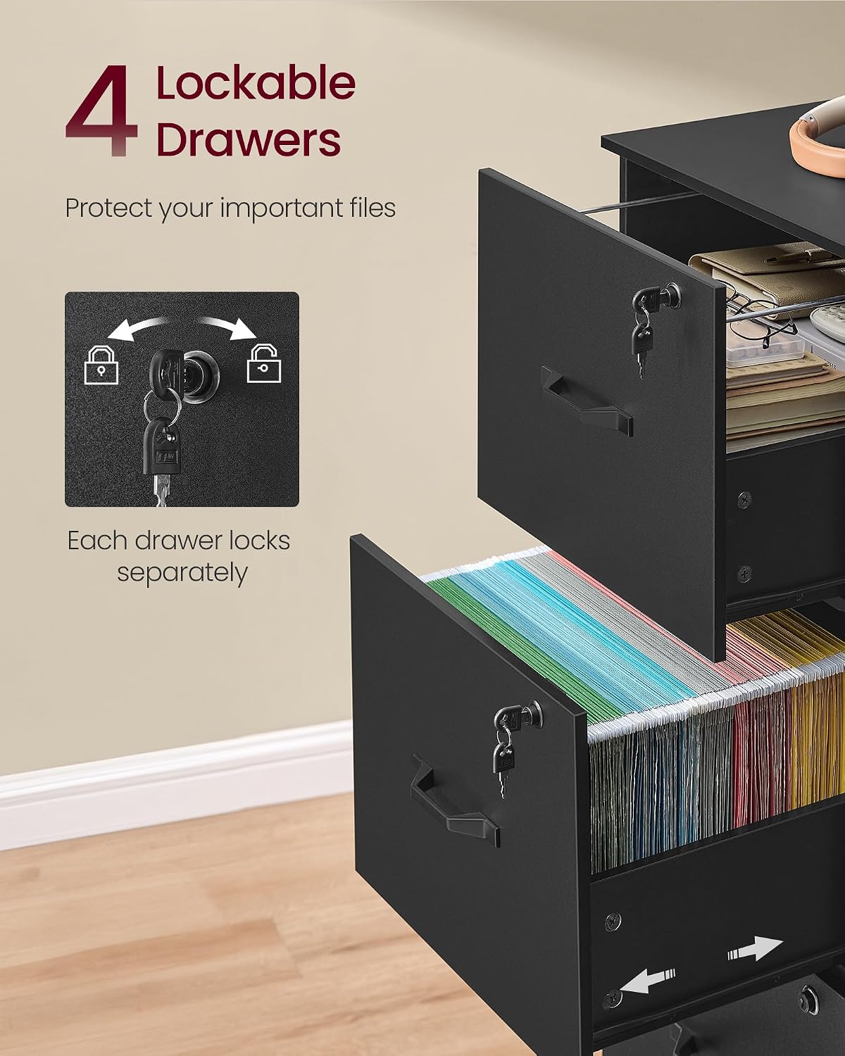 Ink‑Black Lockable 4‑Drawer Vertical File Cabinet