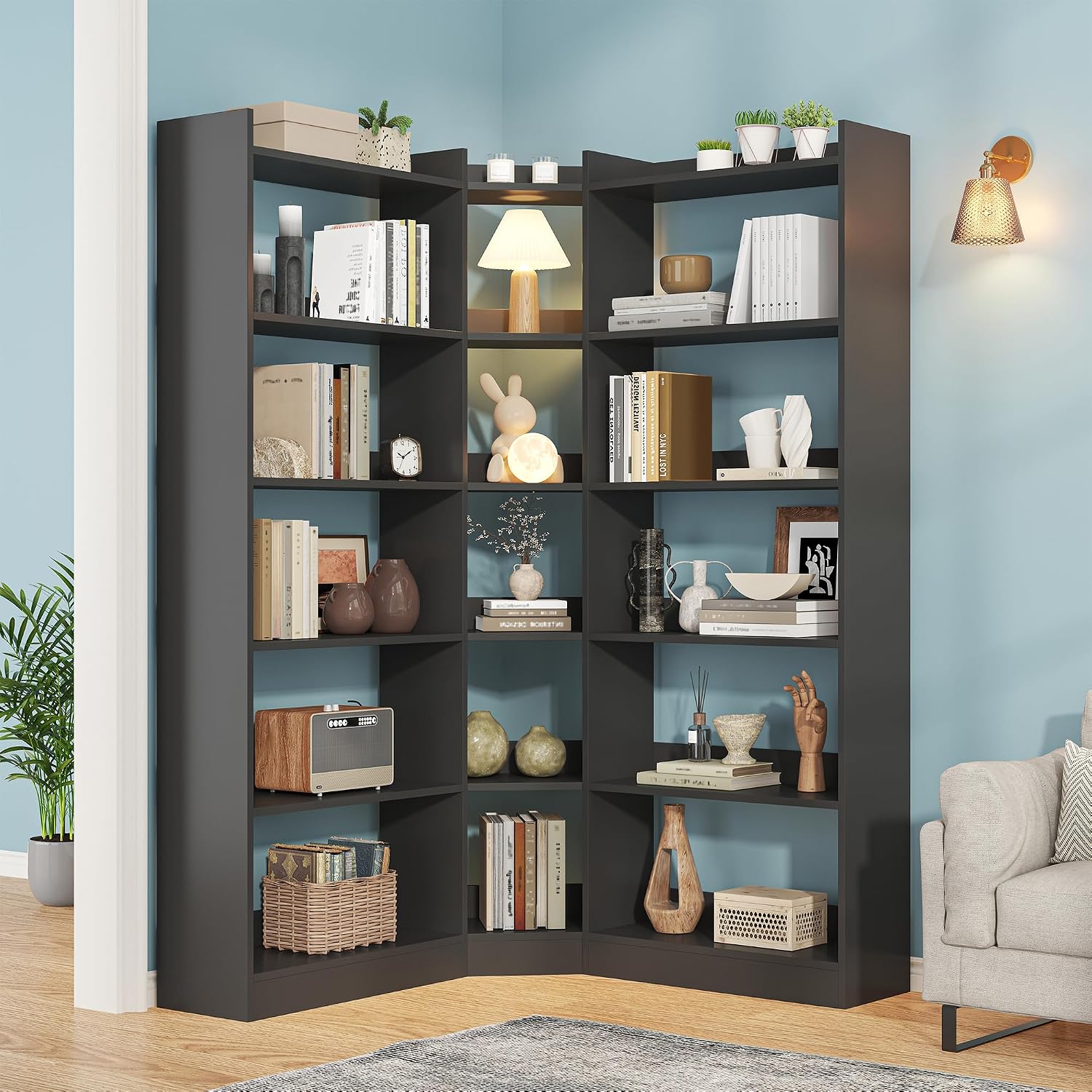 Black Industrial 6‑Tier L‑Shaped Corner Bookshelf with Baffle
