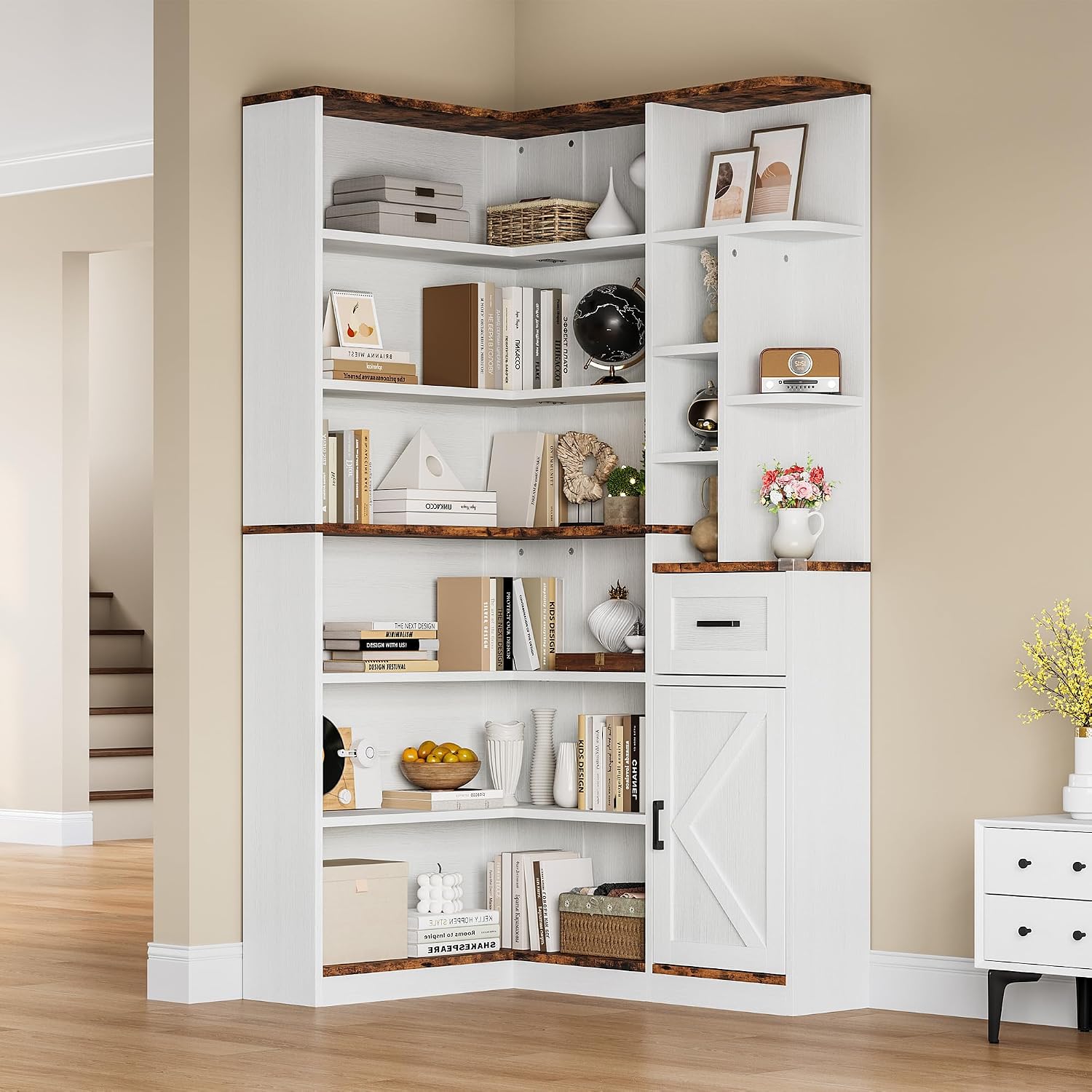 L‑Shaped 6‑Tier Corner Bookshelf with Drawer & Cabinets