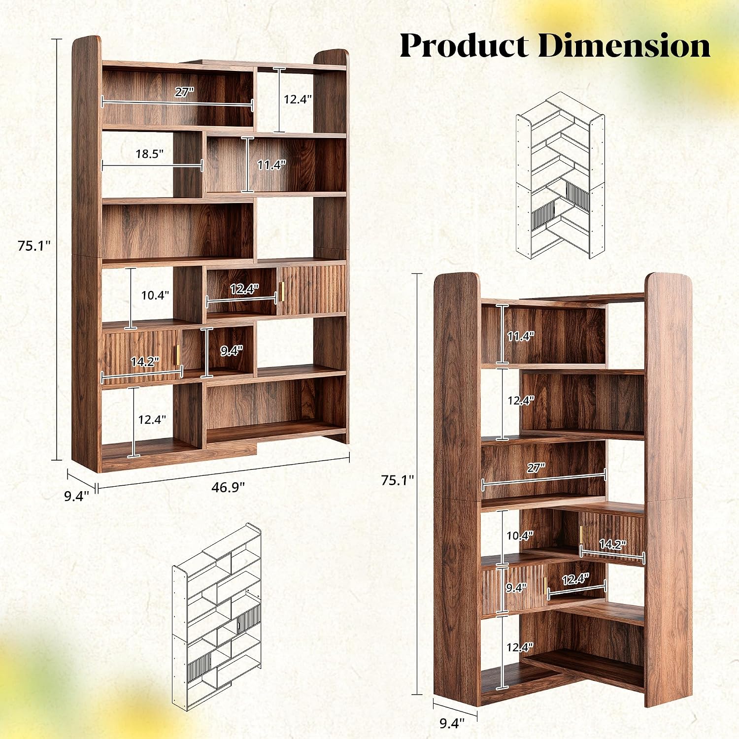 Brown 7‑Tier Corner Bookshelf with 2 Storage Cabinets