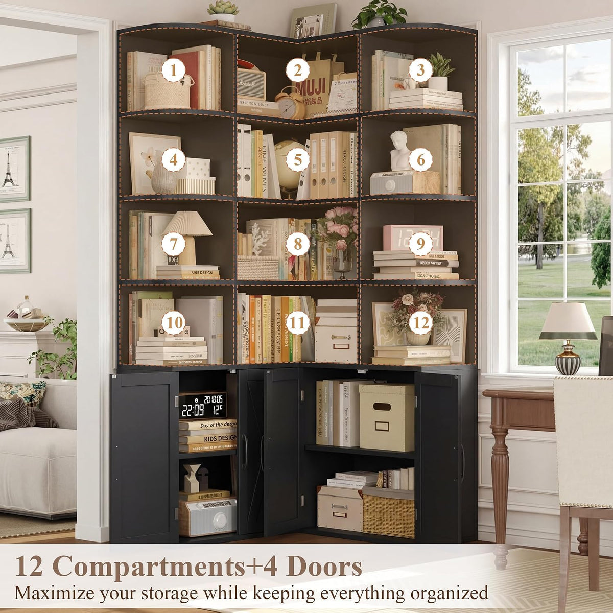 Black Farmhouse Tall Corner Bookshelf with Doors