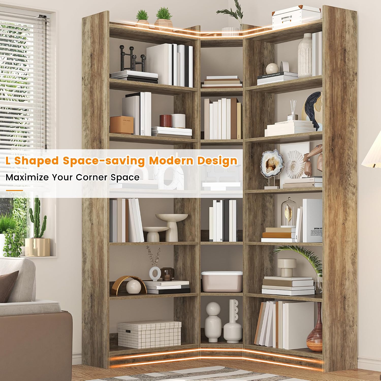 Brown Industrial 7‑Tier L‑Shaped Corner Bookshelf with Baffles