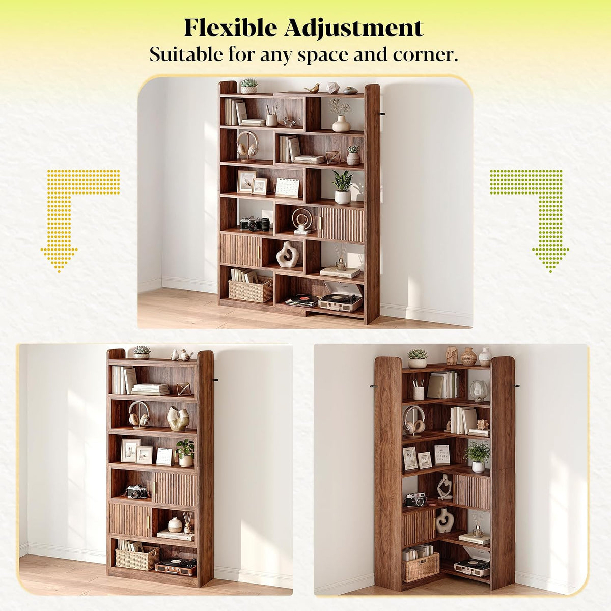 Brown 7‑Tier Corner Bookshelf with 2 Storage Cabinets