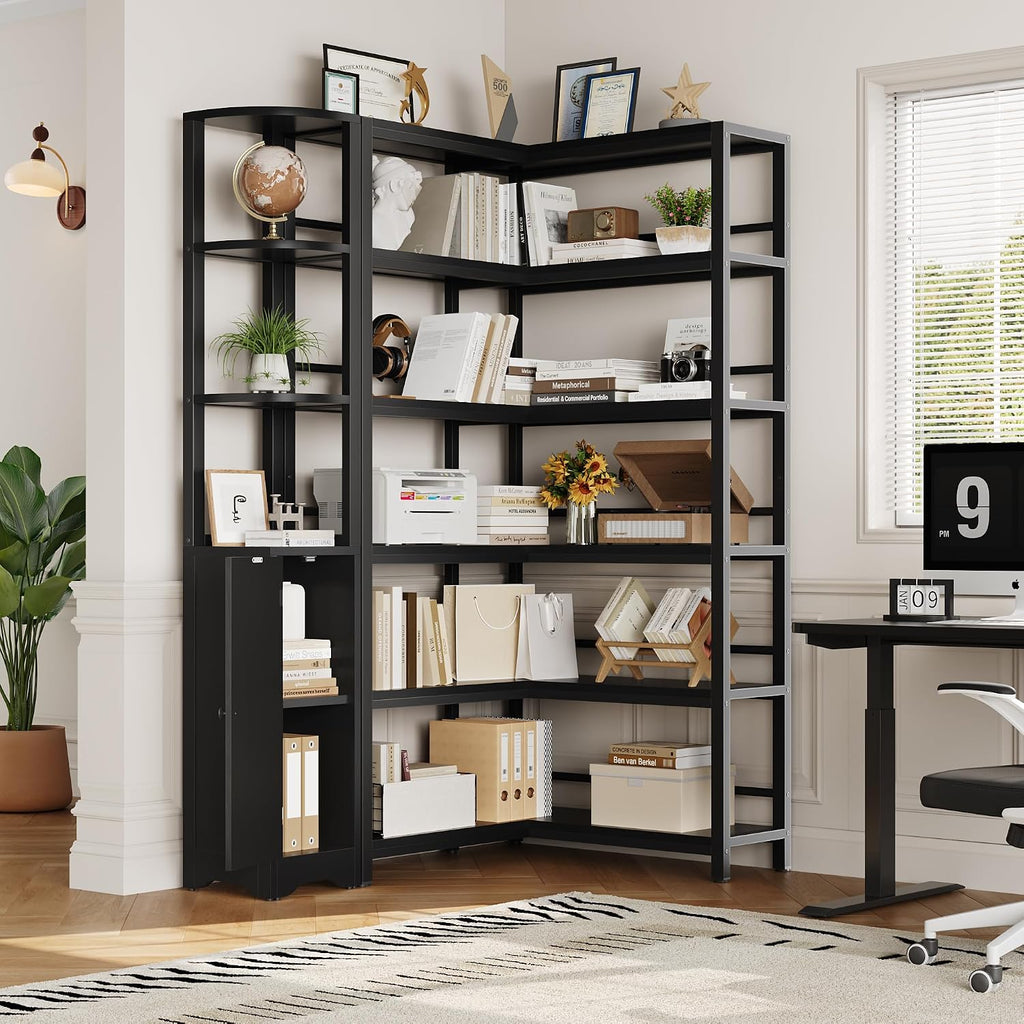 Black Reversible 6‑Tier L‑Shaped Corner Bookshelf with Cabinet