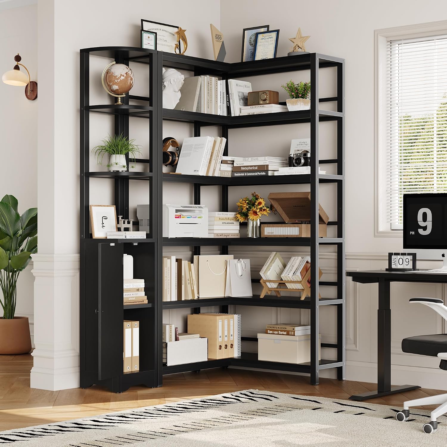 Black Reversible 6‑Tier L‑Shaped Corner Bookshelf with Cabinet