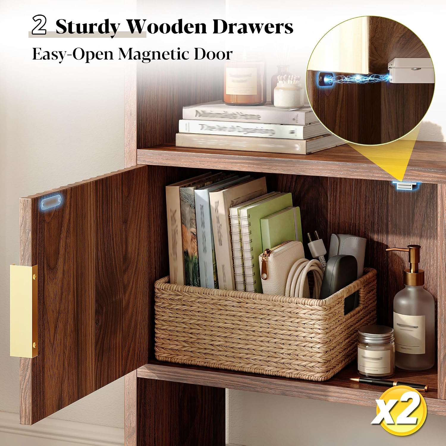 Brown 7‑Tier Corner Bookshelf with 2 Storage Cabinets