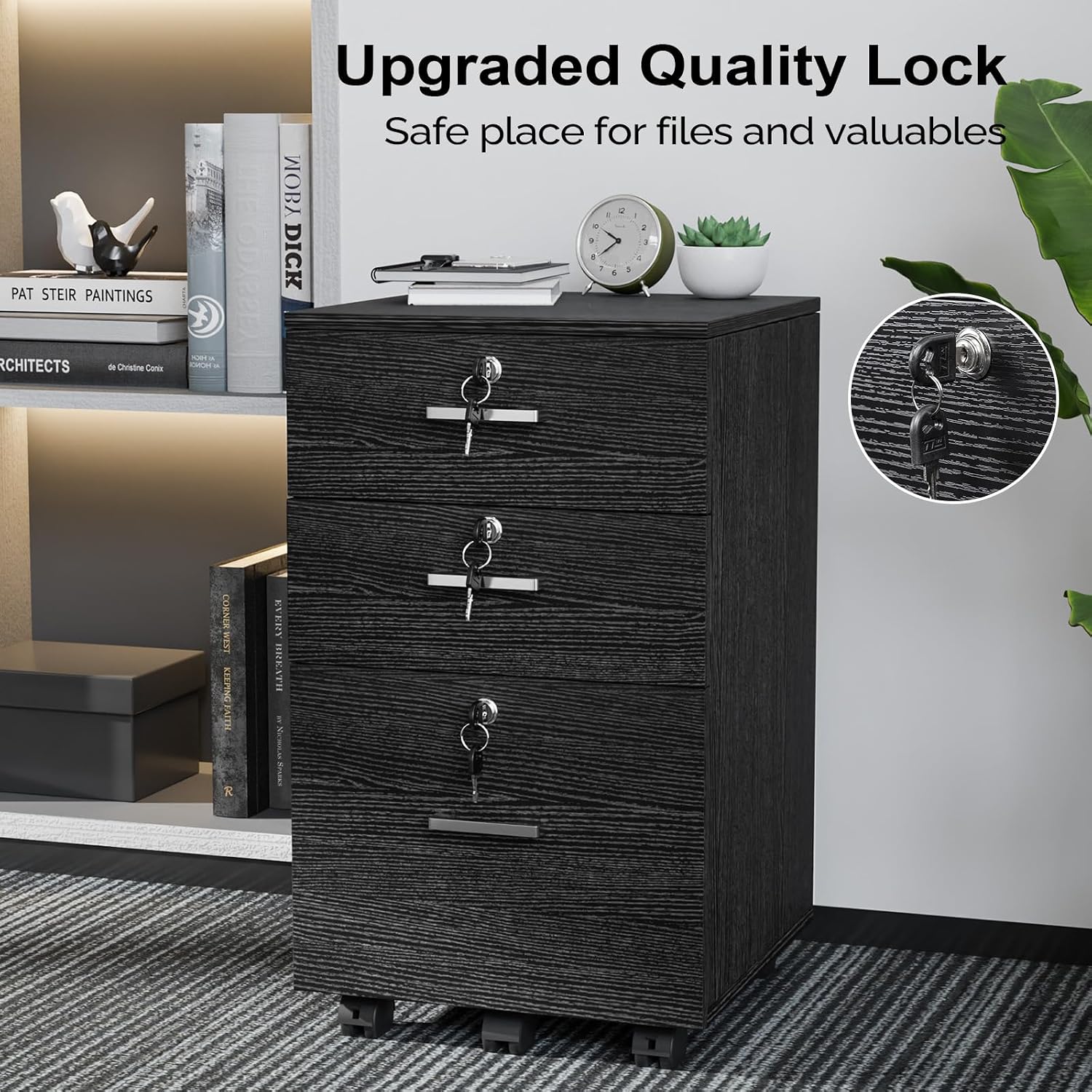 Black Rolling Wood File Cabinet with Lock & 3‑Drawers