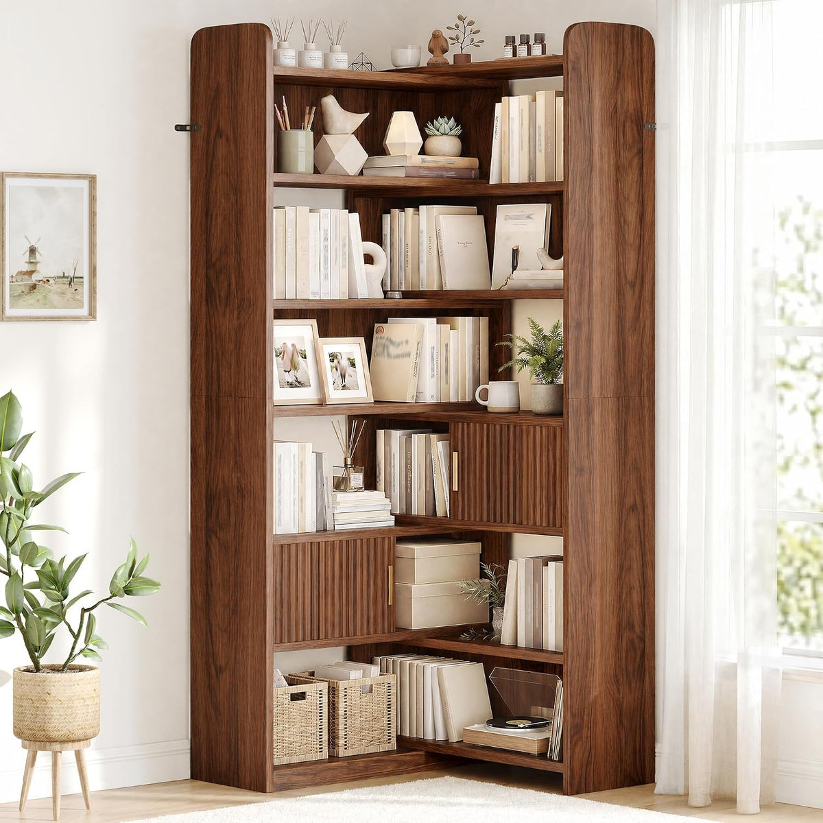 Brown 7‑Tier Corner Bookshelf with 2 Storage Cabinets