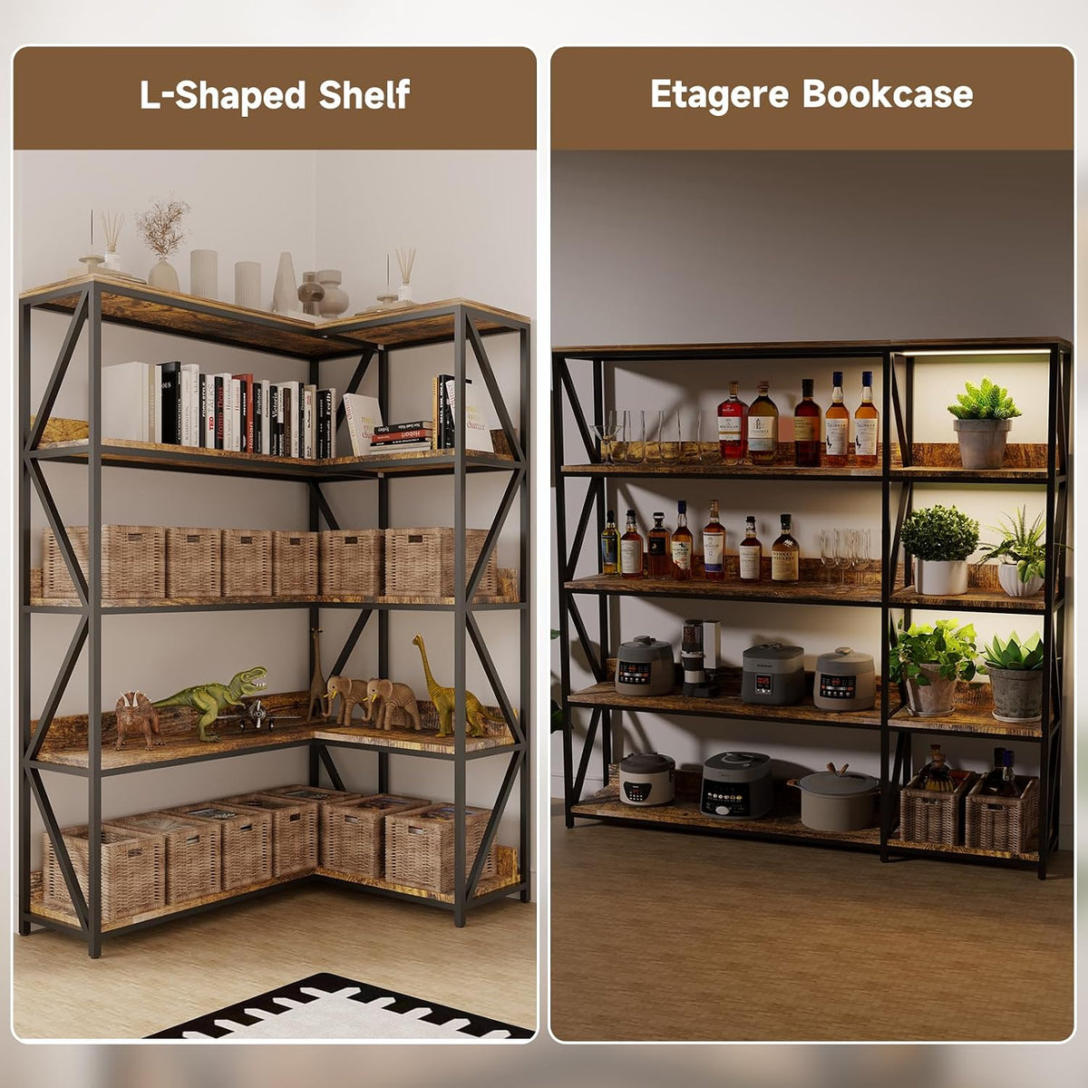 Convertible L‑Shaped 5‑Tier Corner Bookshelf with Grow Light