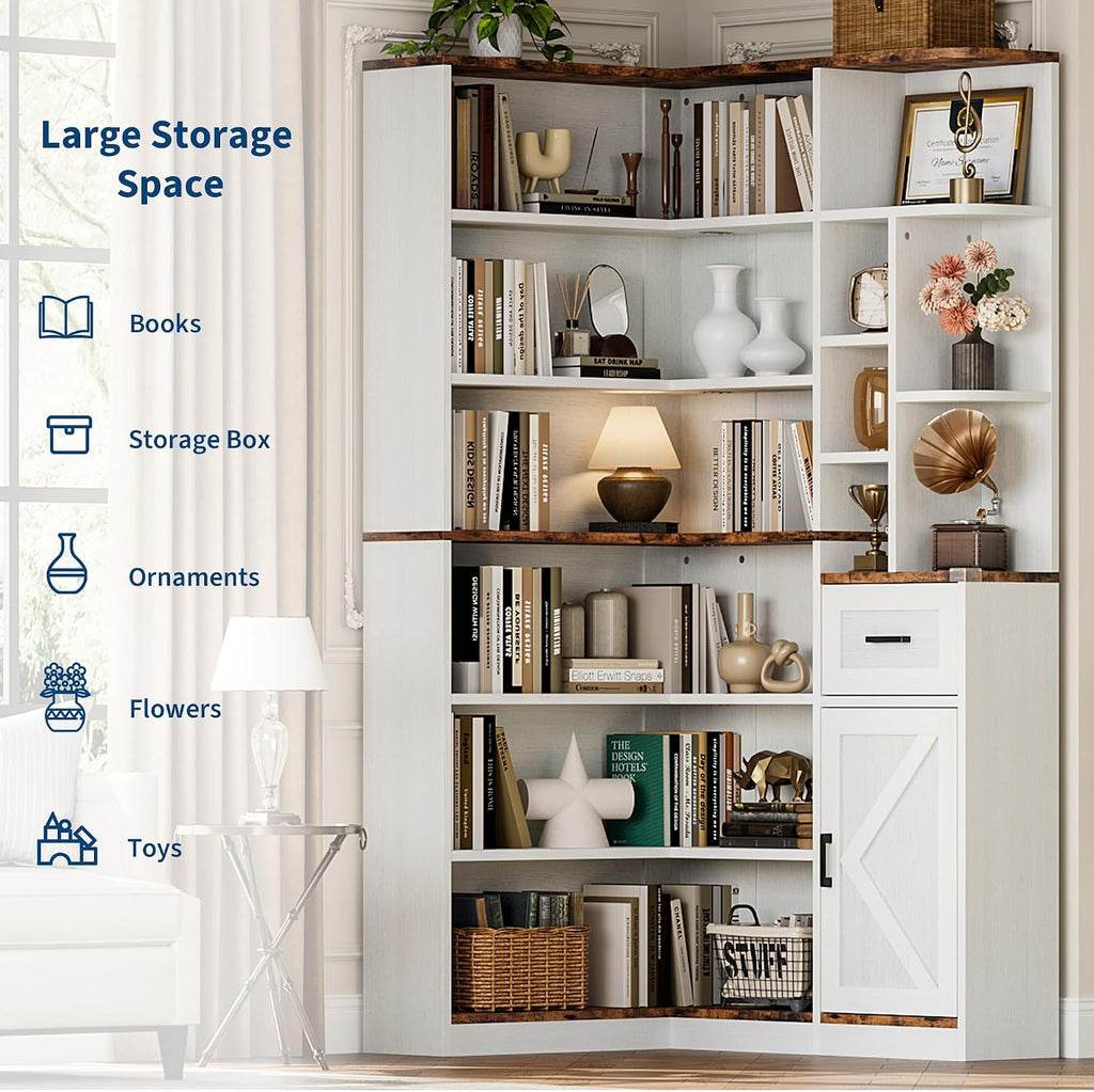 L‑Shaped 6‑Tier Corner Bookshelf with Drawer & Cabinets