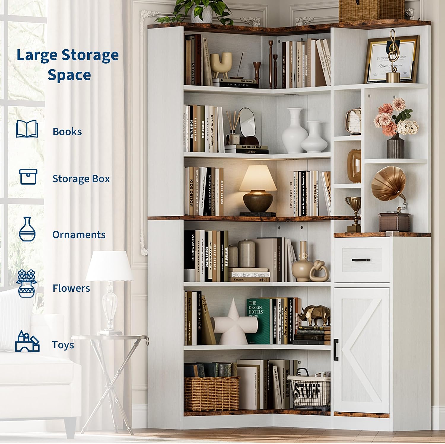 L‑Shaped 6‑Tier Corner Bookshelf with Drawer & Cabinets