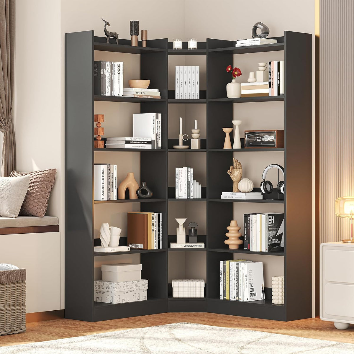 Black Industrial 6‑Tier L‑Shaped Corner Bookshelf with Baffle