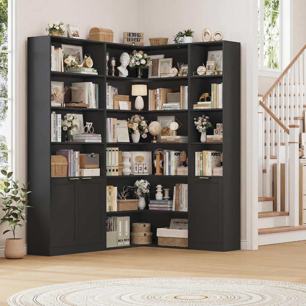Black 6‑Tier L‑Shaped Corner Bookshelf