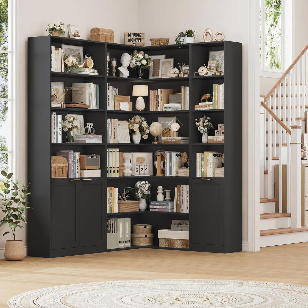 Black 6‑Tier L‑Shaped Corner Bookshelf