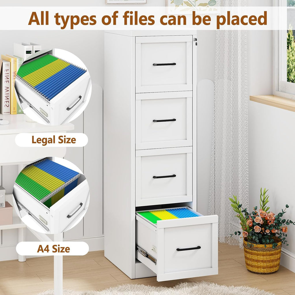 White Lockable Narrow Metal 4‑Drawer File Cabinet