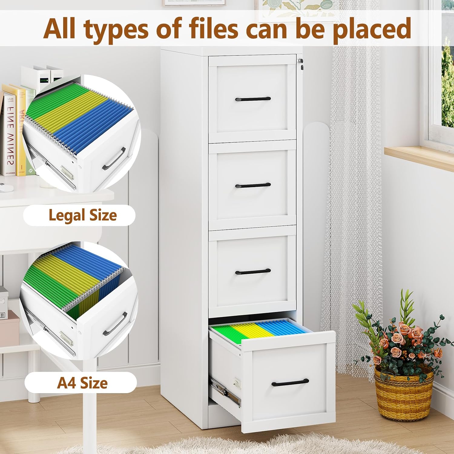 White Lockable Narrow Metal 4‑Drawer File Cabinet