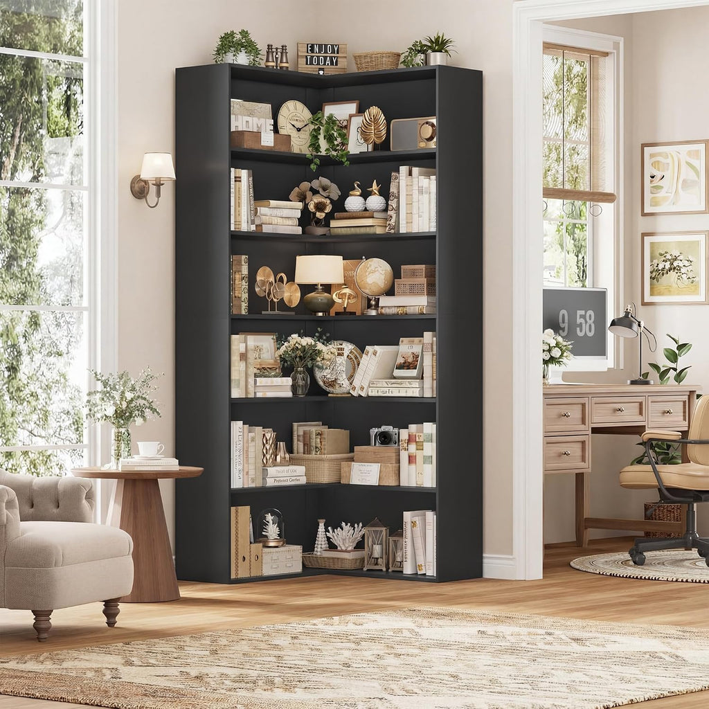 Black 6‑Tier L‑Shaped Corner Bookshelf