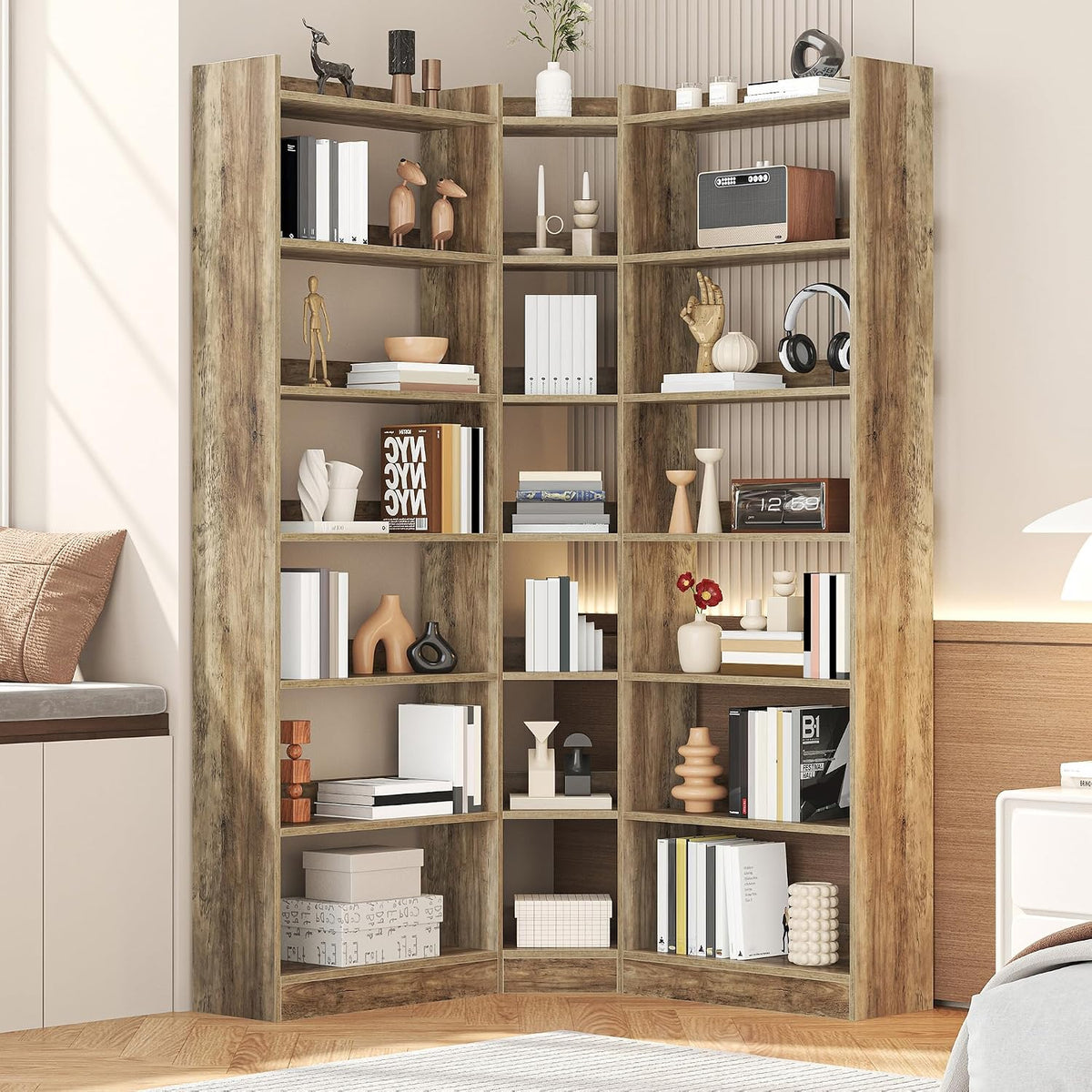 Brown Industrial 7‑Tier L‑Shaped Corner Bookshelf with Baffles