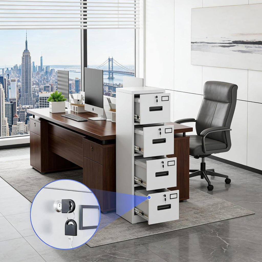 White Lockable Metal 4‑Drawer Vertical File Cabinet