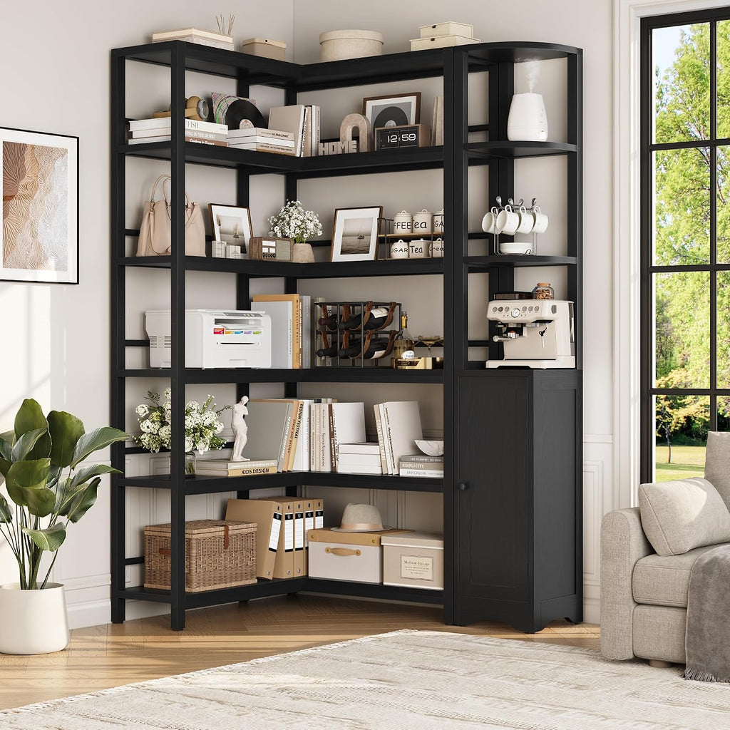 Black Reversible 6‑Tier L‑Shaped Corner Bookshelf with Cabinet