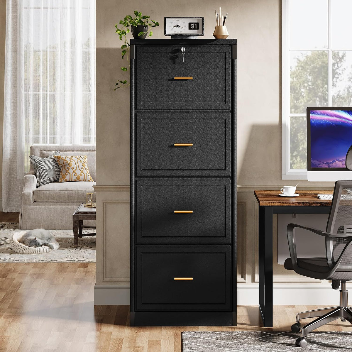 Black Lockable Wooden 4‑Drawer File Cabinet