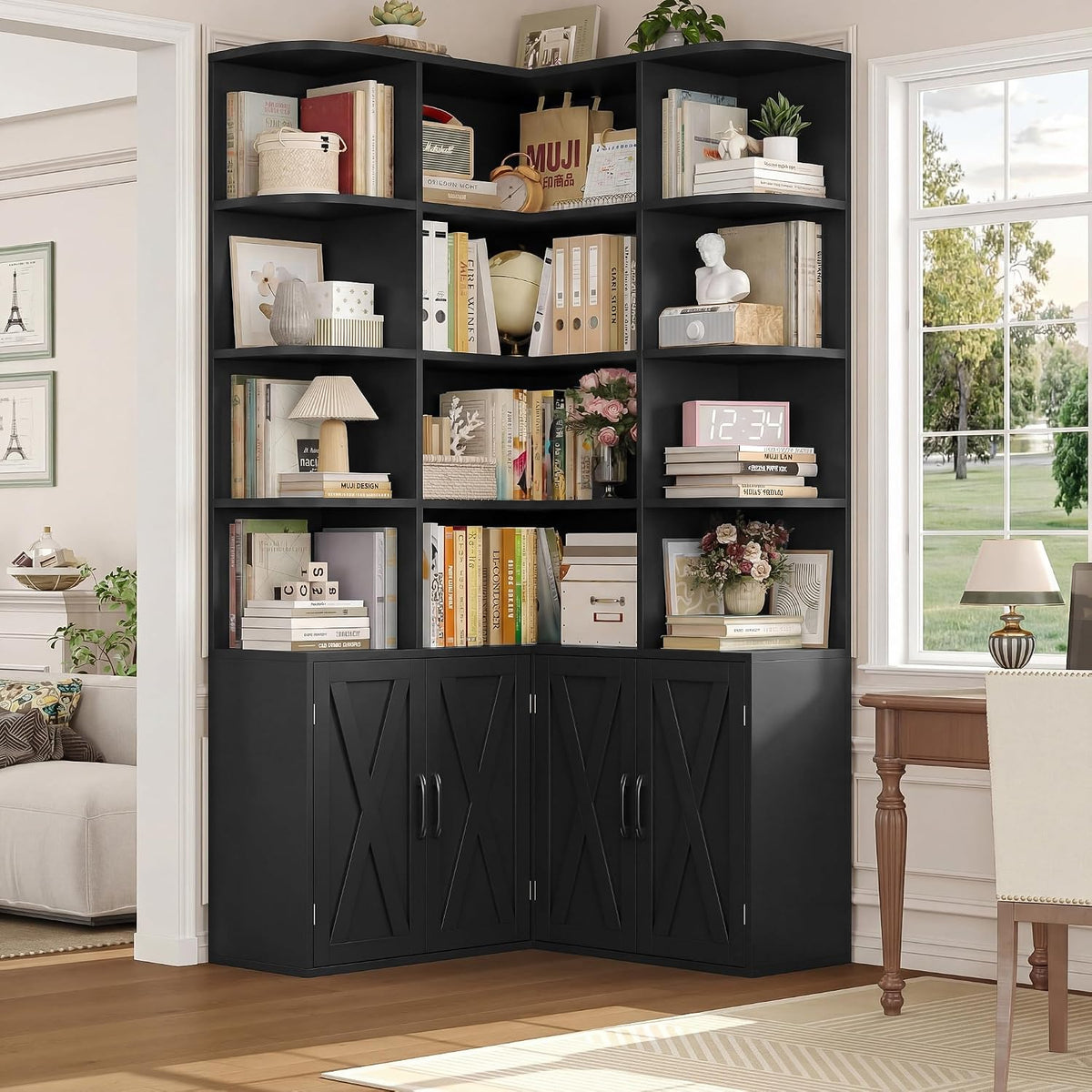 Black Farmhouse Tall Corner Bookshelf with Doors