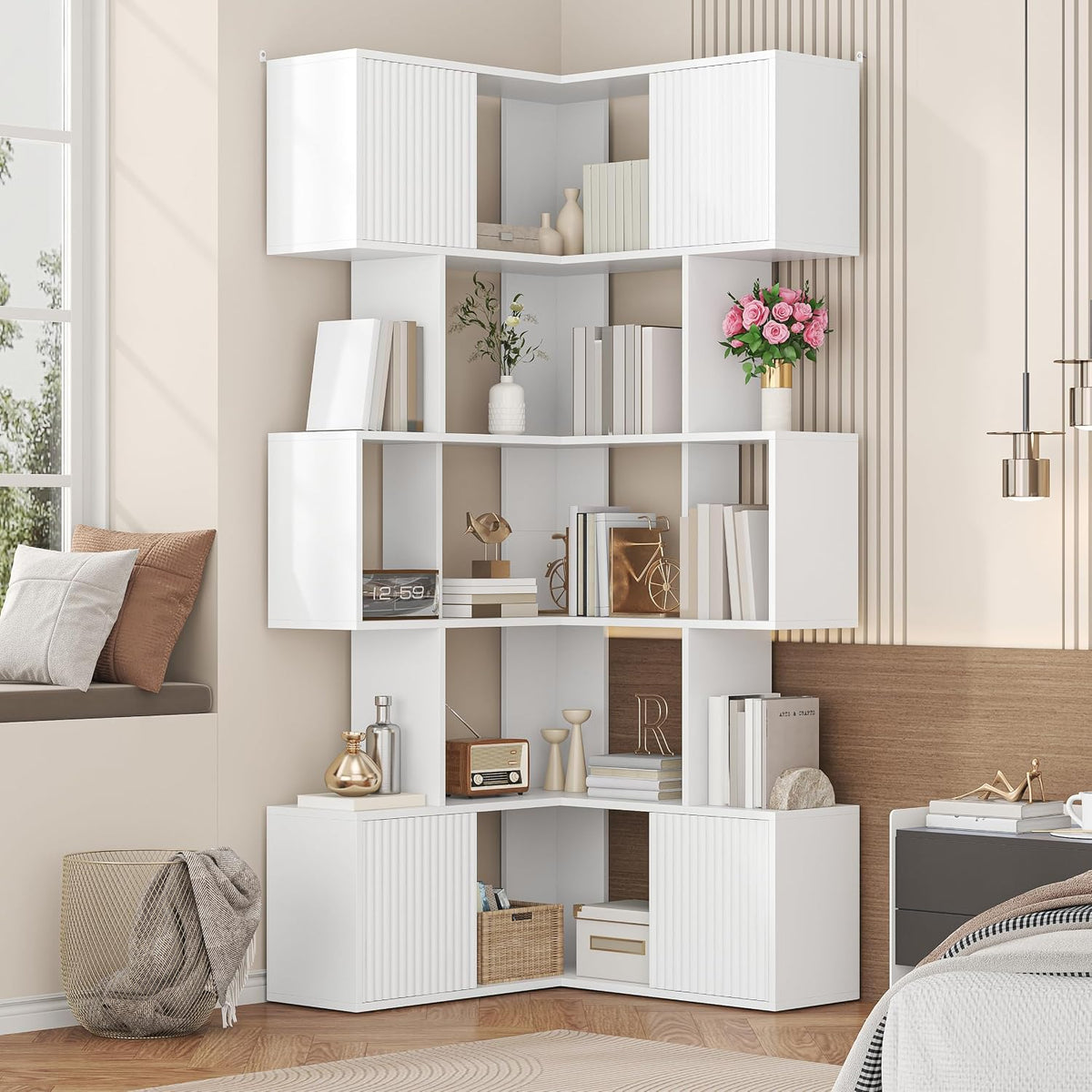 White L‑Shaped 5‑Tier Corner Cube Bookshelf