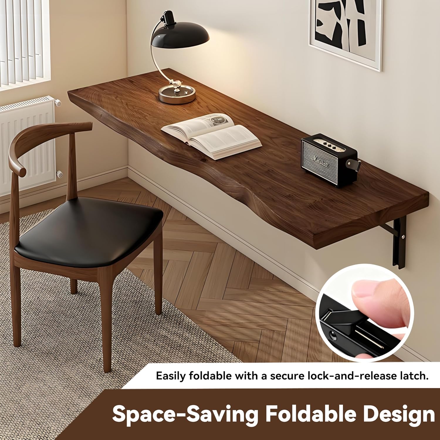 Solid Wood Wall‑Mounted Fold‑Down Floating Desk