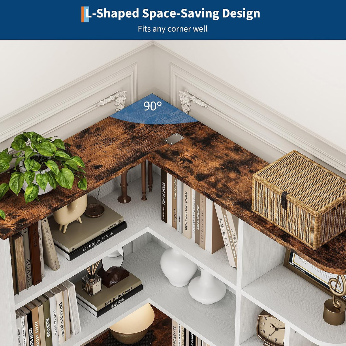 L‑Shaped 6‑Tier Corner Bookshelf with Drawer & Cabinets