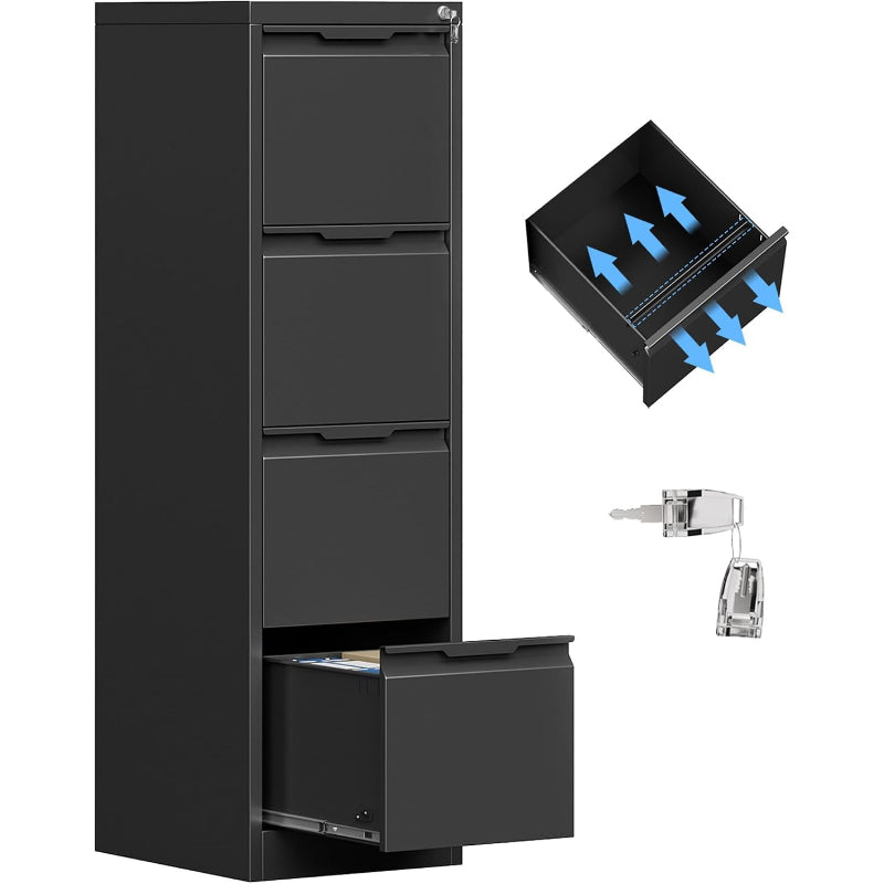Black Lockable Metal 4‑Drawer Vertical File Cabinet
