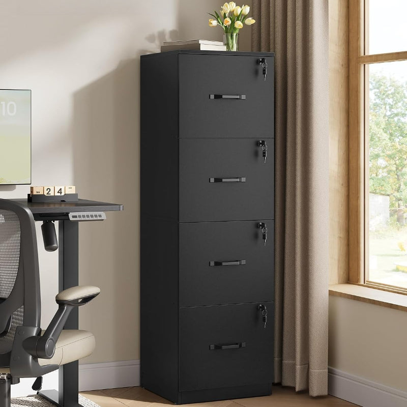 Ink‑Black Lockable 4‑Drawer Vertical File Cabinet