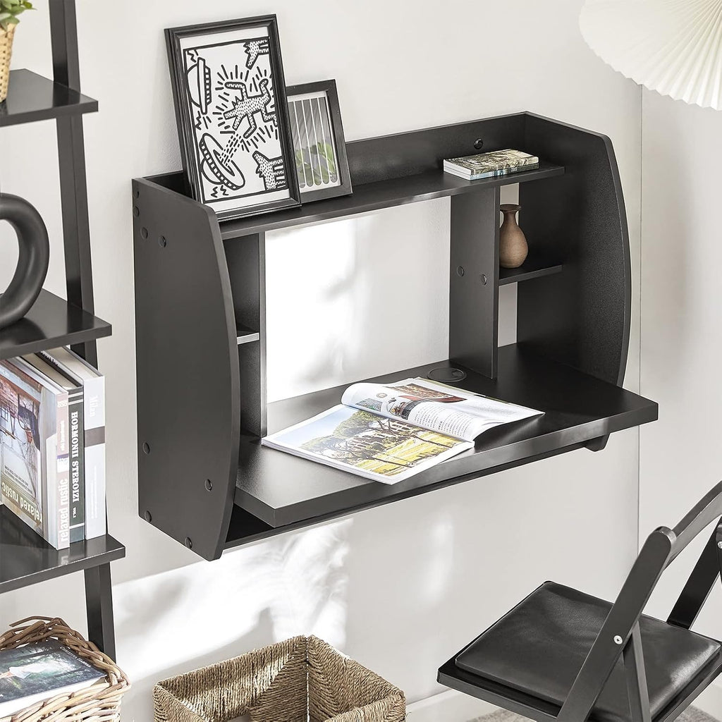 Black Wall‑Mounted Fold‑Down Desk with Storage Shelves