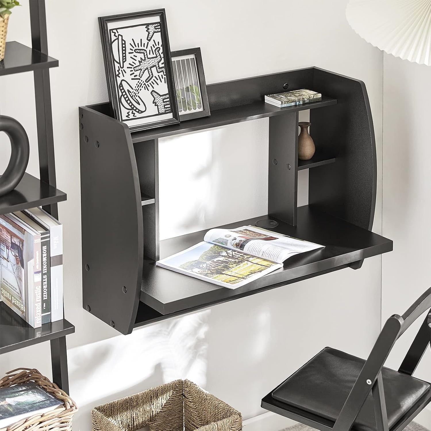 Black Wall‑Mounted Fold‑Down Desk with Storage Shelves